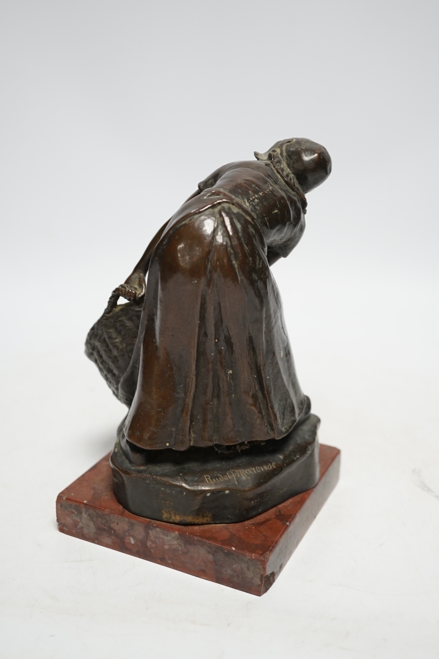 Rudolf Marcuse (German 1878- 1940), bronze of a girl with basket, on rouge marble base, 19cm